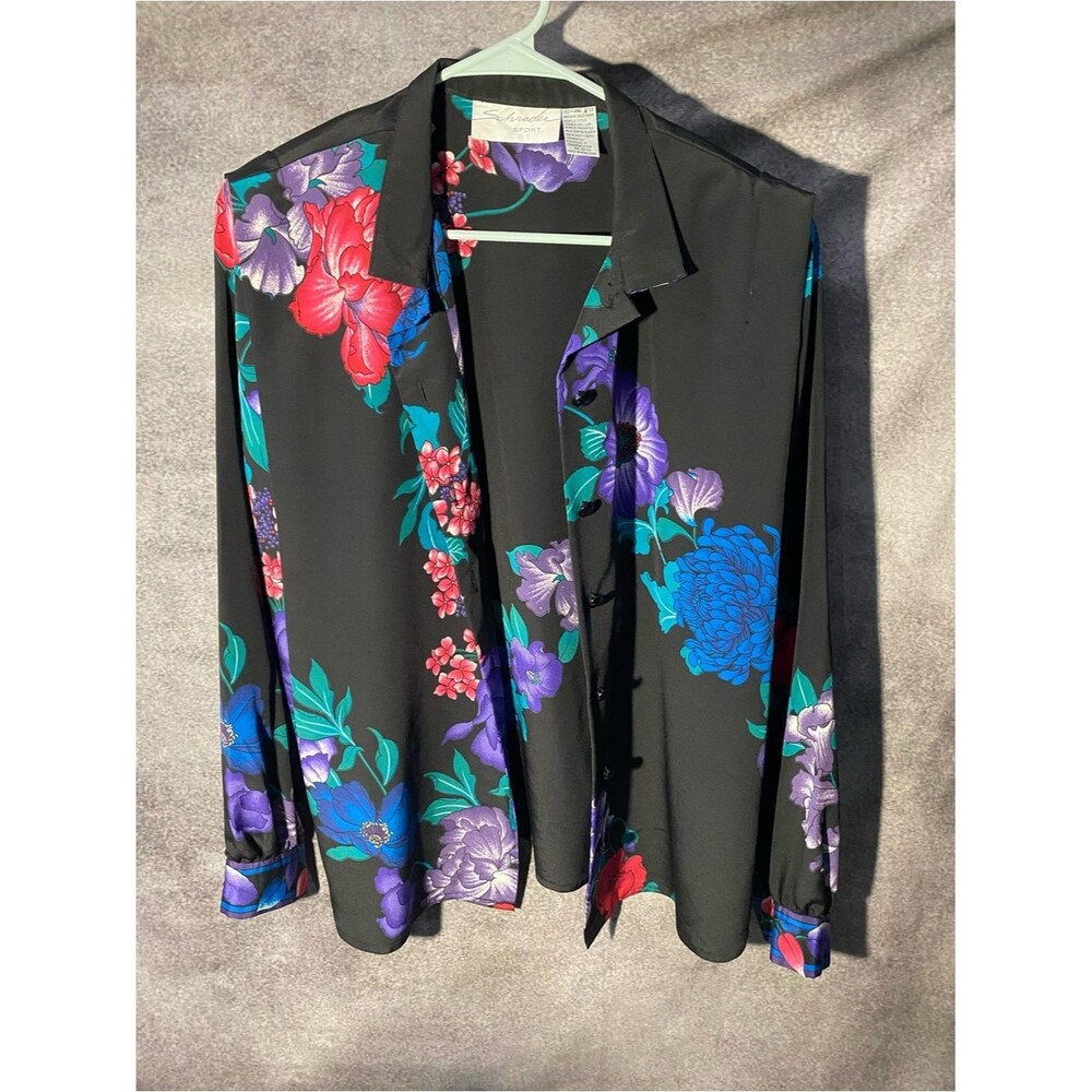 Vintage Schrader Sport Floral Button Up Shirt Womens 16 Black Long Sleeve Top⁠